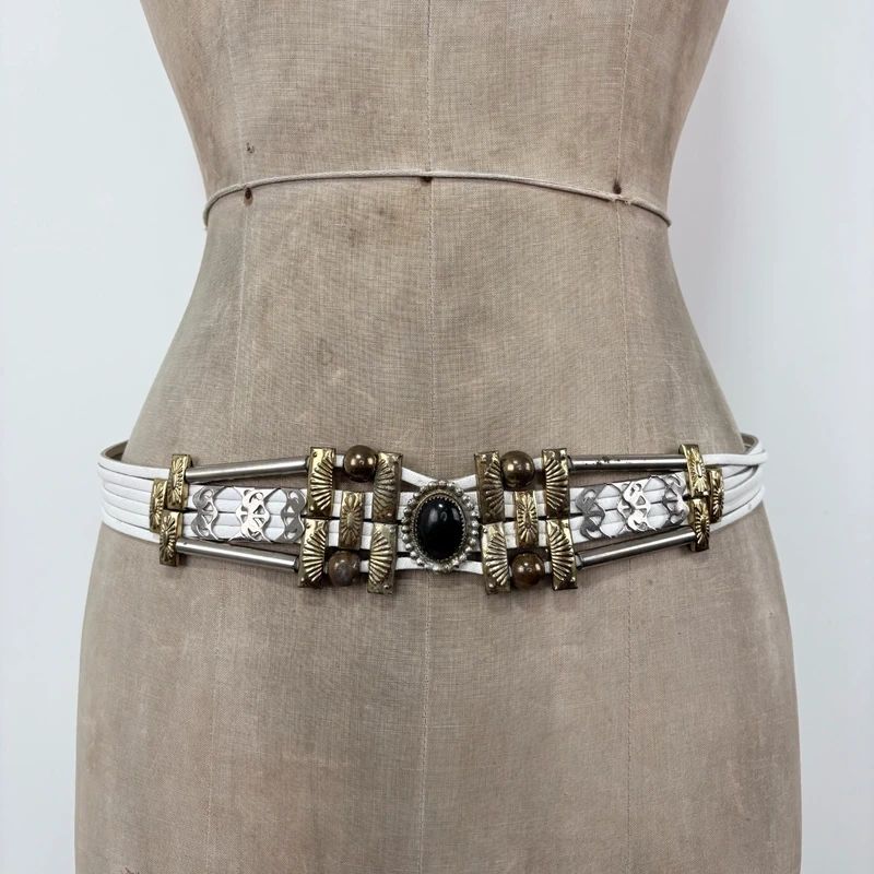 chunky metal boho white leather belt