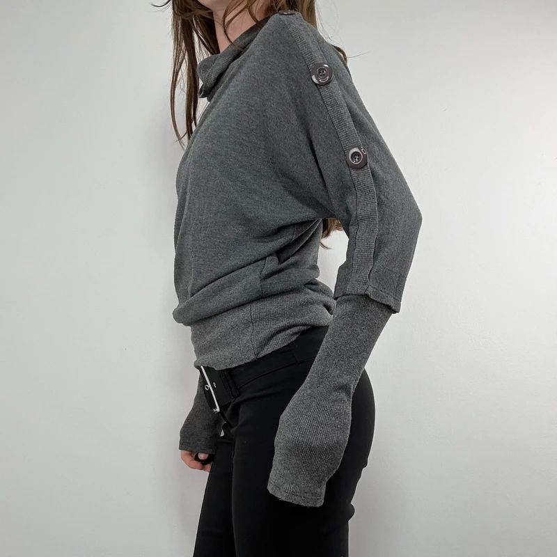 grey slouchy knit ribbed fitted jumper with button details