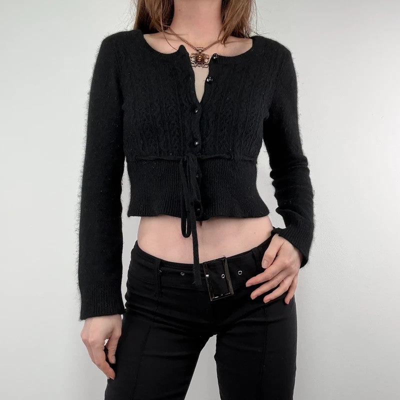 black cropped preppy angora wool cardigan