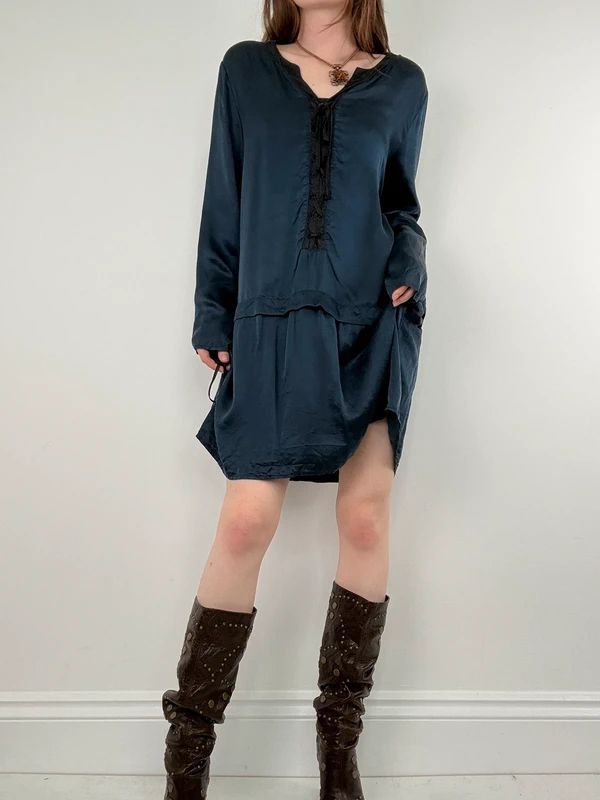 navy silk drop waist long sleeve shirt dress