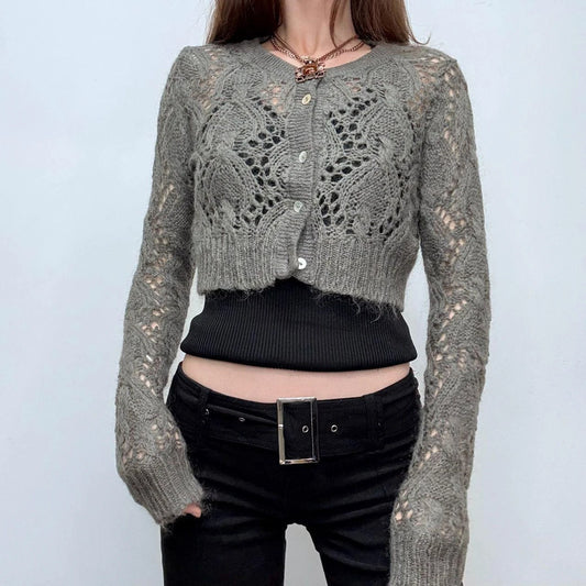grey lace open knit mohair cardigan