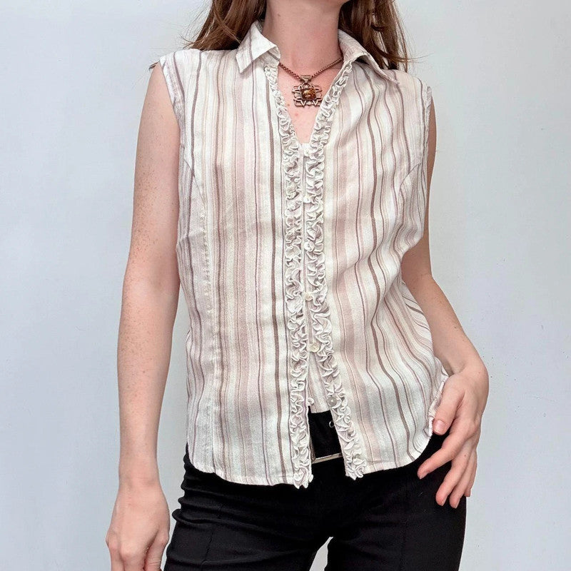 pinstriped sleeveless ruffle shirt blouse