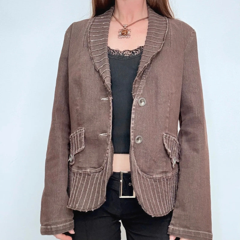 brown flared distressed pinstriped stitched jacket