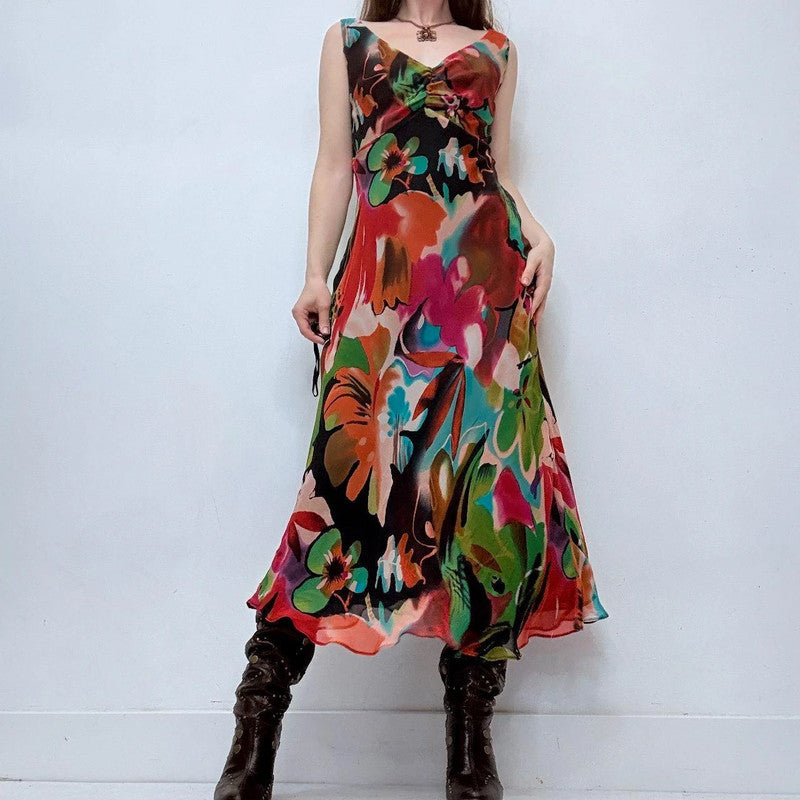 graphic patterned bias cut maxi dress