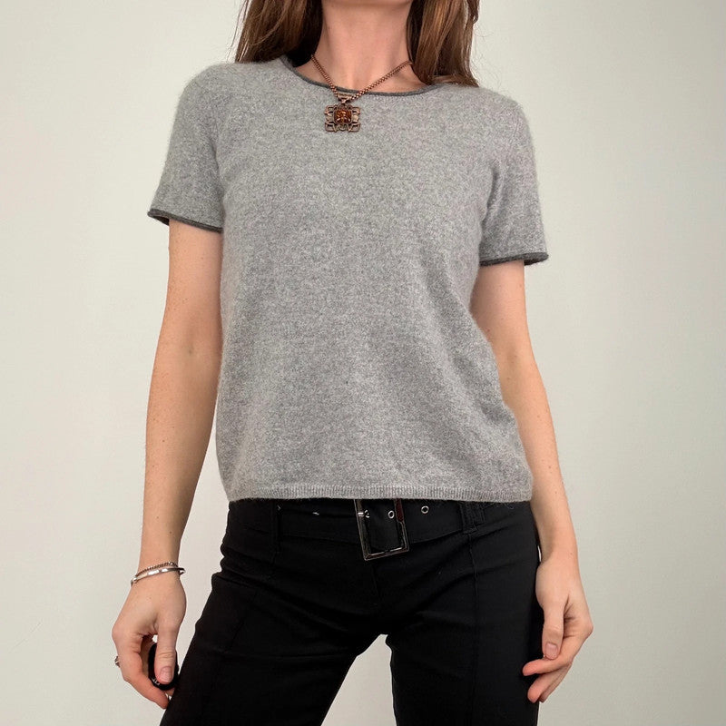 grey soft cashmere knitted short sleeve t-shirt