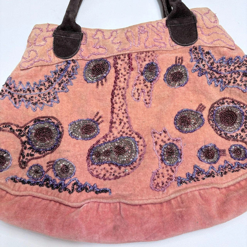 pink velvet embroidered boho bag