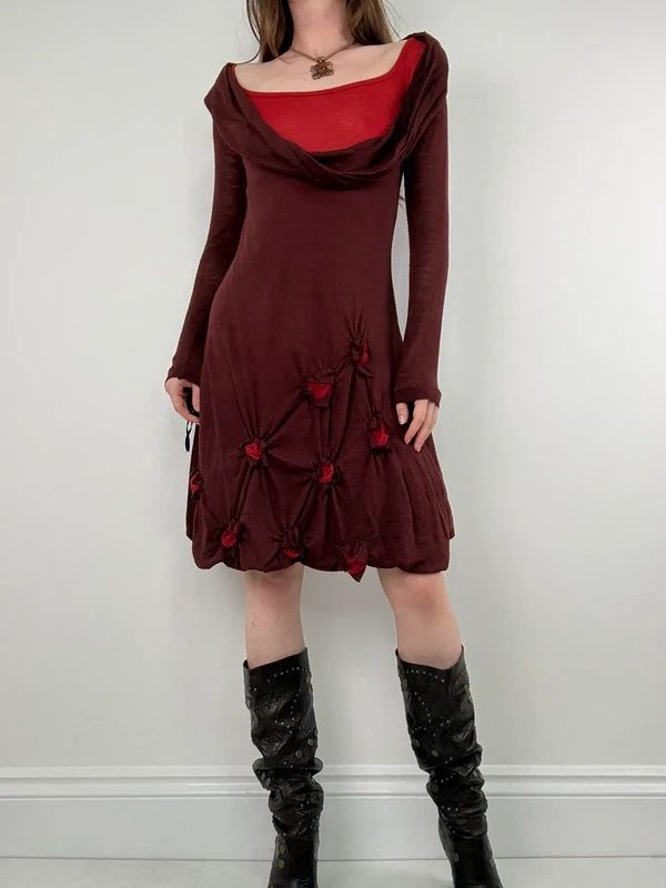 layered cinched long sleeve burgundy flared dress