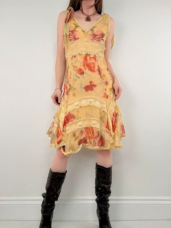Butter yellow summer dress layered floral watercolour