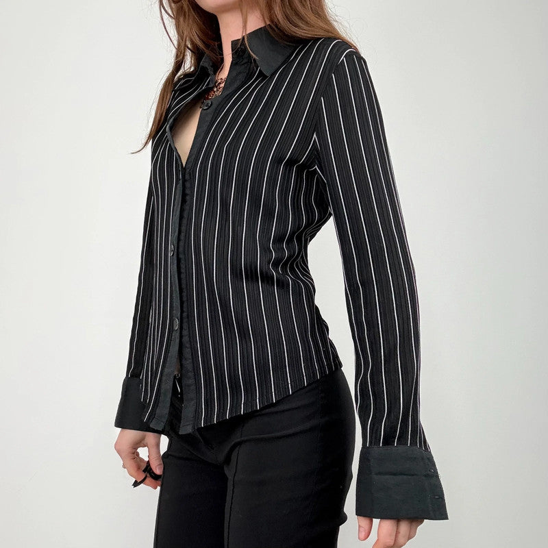 black fitted pinstripe shirt