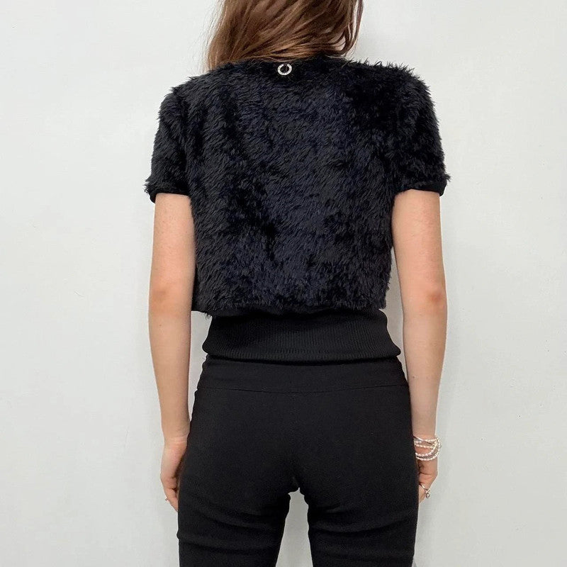 cropped black faux fur cardigan