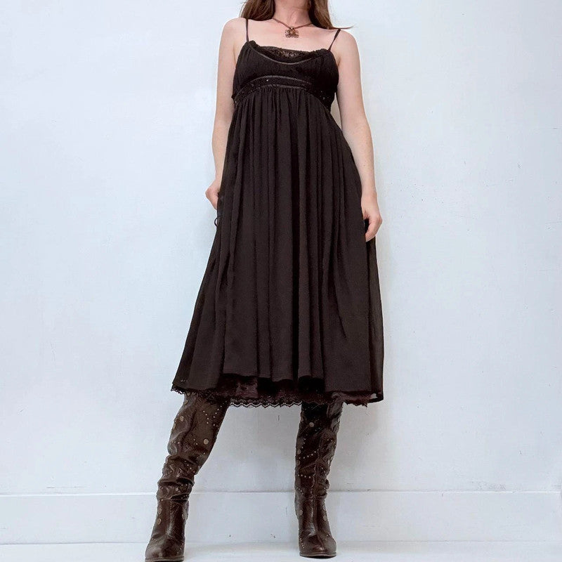 brown crinkle pleated maxi dress