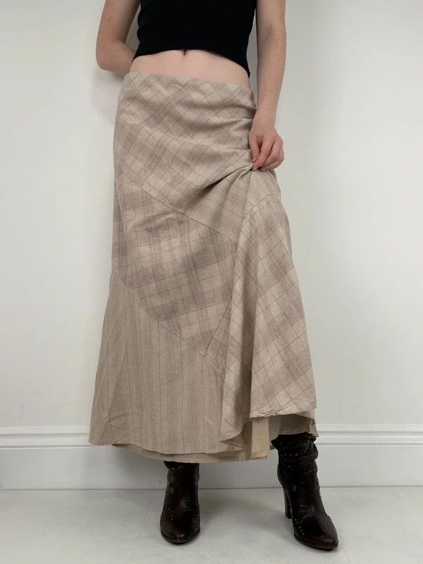 beige linen tartan flared checked maxi skirt