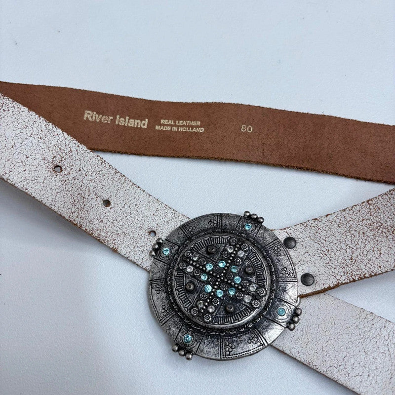 white distressed leather boho belt