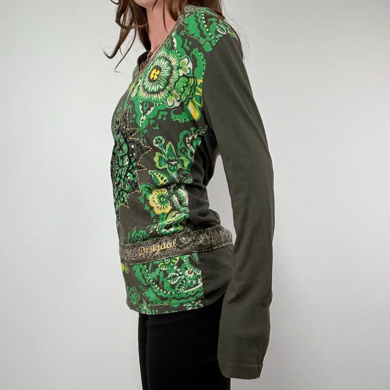 Khaki Paisley Boho Long Sleeve T-Shirt