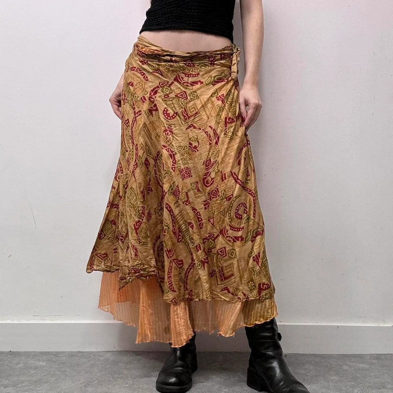 layered paisley boho silk skirt