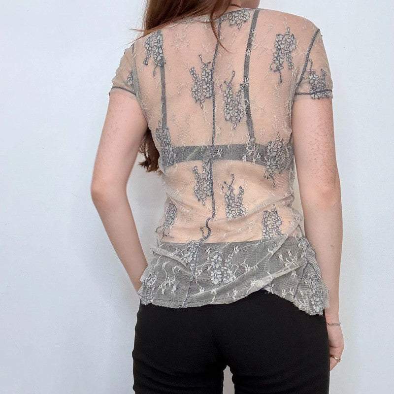 sheer lace whimsical short sleeve top