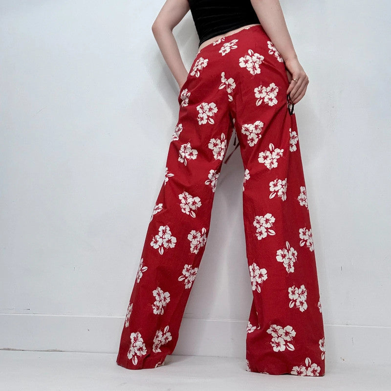 red cotton wide leg printed trousers