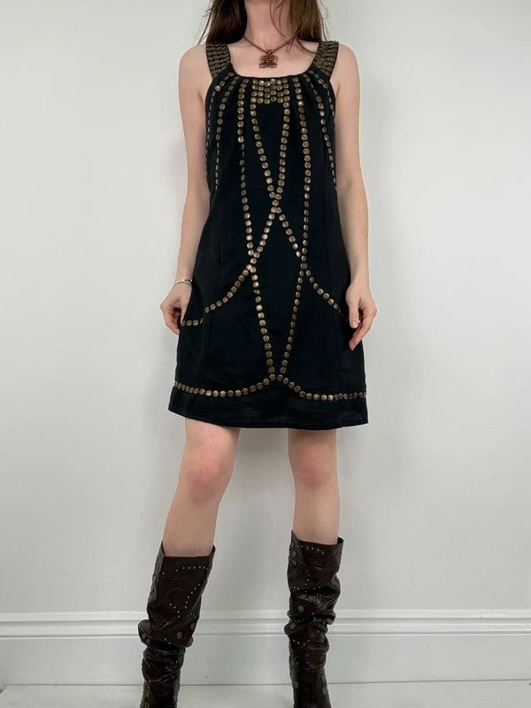 black linen metal gold studded mini Y2K party dress