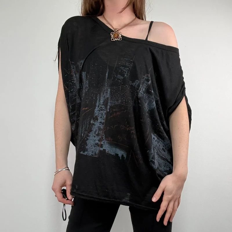 black graphic slouchy off the shoulder t-shirt