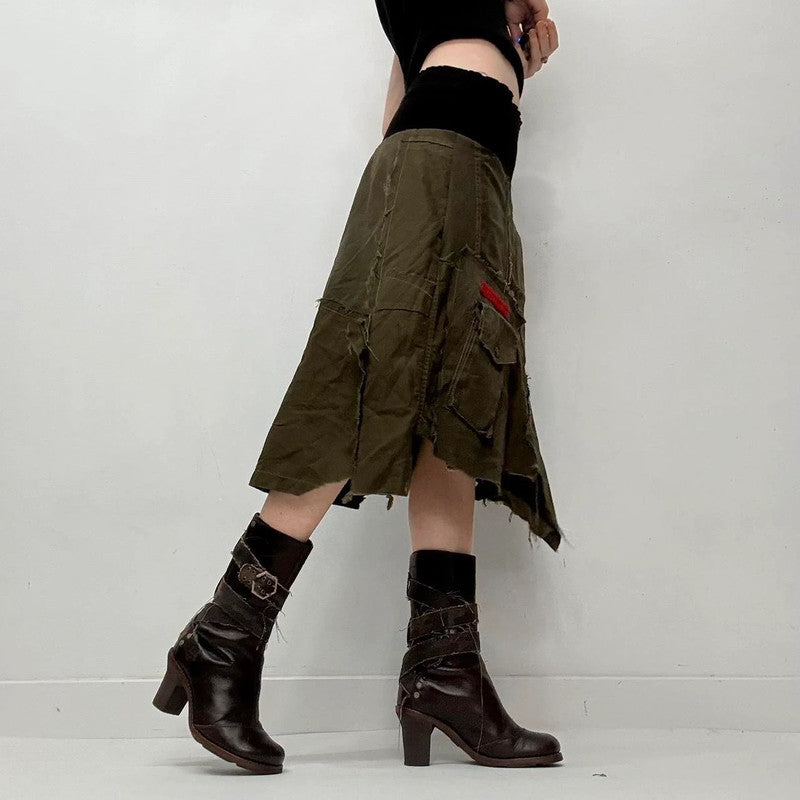 khaki fold over waistband midi skirt