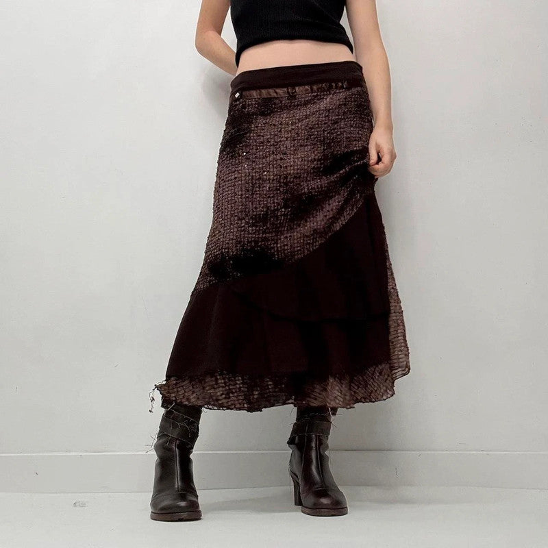 brown distressed textured layered maxi skirt