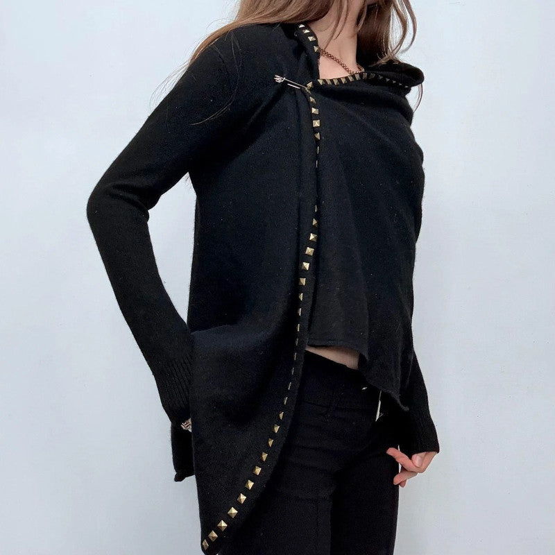 studded asymmetric black drape cardigan