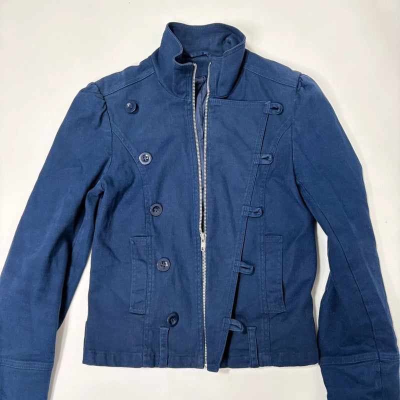 blue asymmetric button military jacket