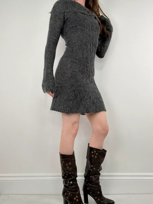 grey mohair knit slouchy off the shoulder dress