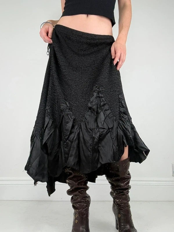 Black crinkle pleated cinched ruffle maxi skirt
