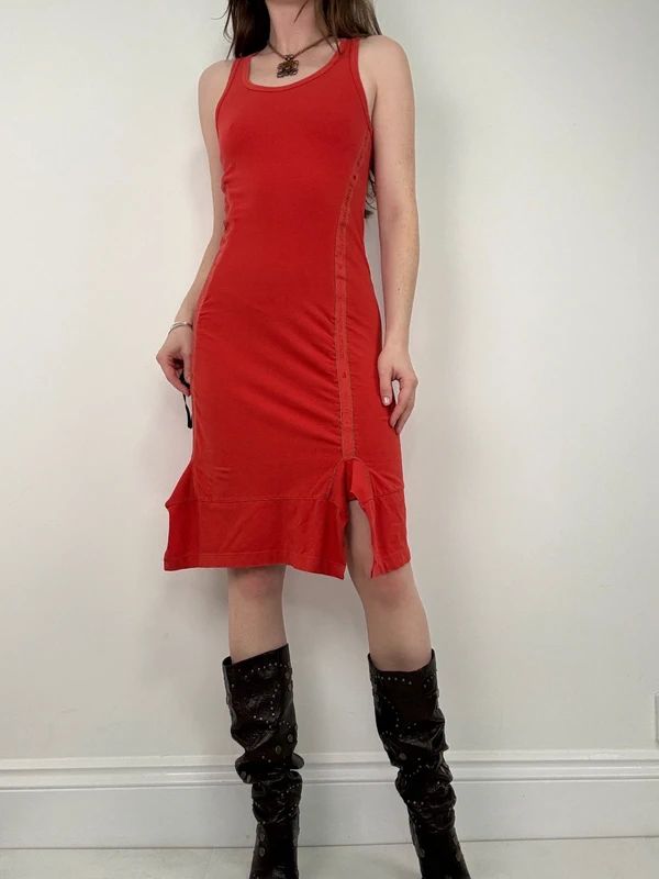 Marithé + François Girbaud gathered red midi dress