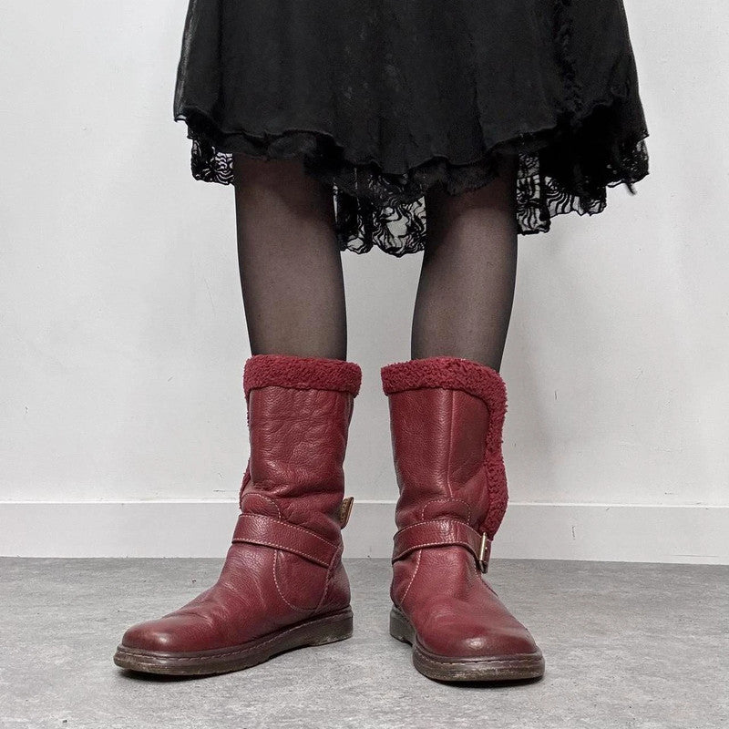 red leather chunky buckle boots