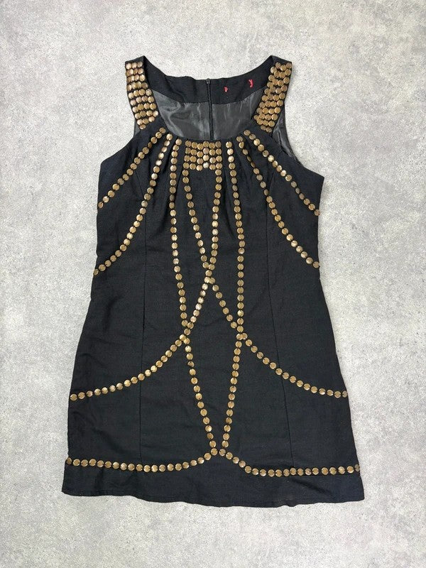 black linen metal gold studded mini Y2K party dress