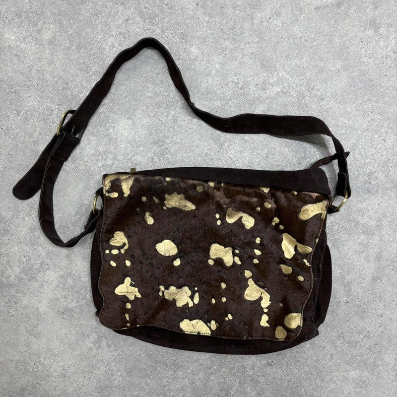 cow hide abstract gold messenger bag