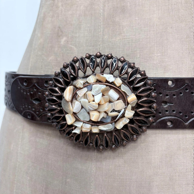 brown leather embossed boho western belt