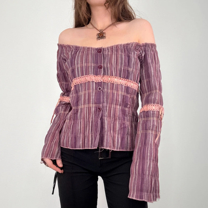 tartan off the shoulder gathered cotton shirt