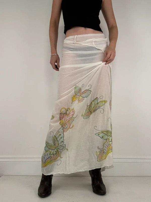 White cotton sheer butterfly summer maxi cover-up