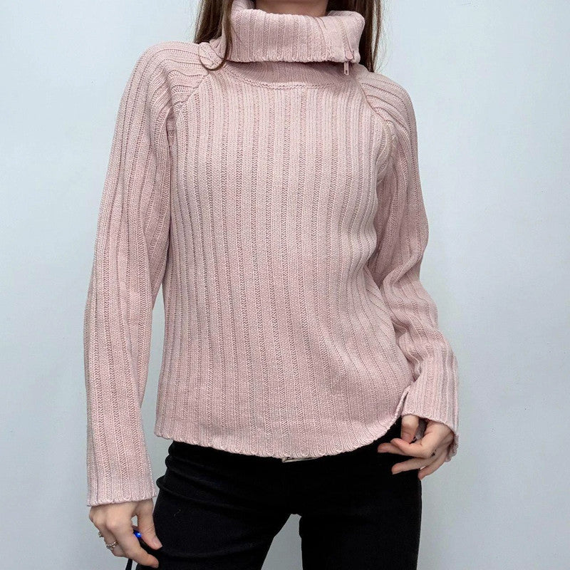 pink chunky ribbed asymmetric jumper