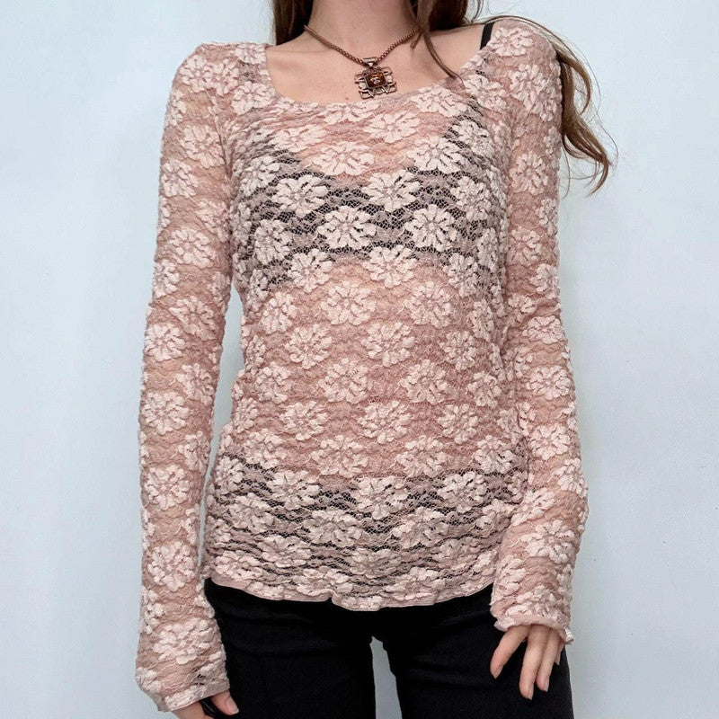 pink lace floral long sleeve top