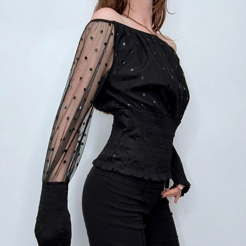 black off the shoulder sheer polkadot top