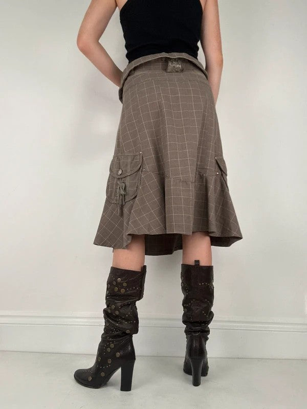 brown tartan low rise flared midi skirt