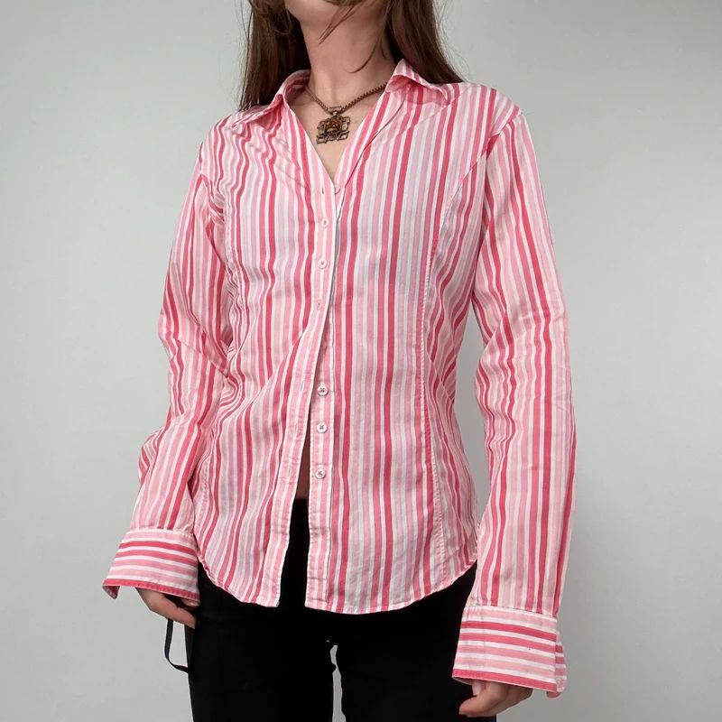 Pink Pinstripe Fitted Shirt with V-neck button style front.