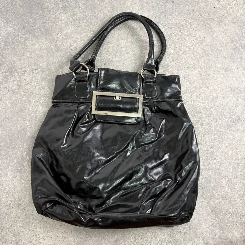 Faux leather patent black Y2K buckle bag