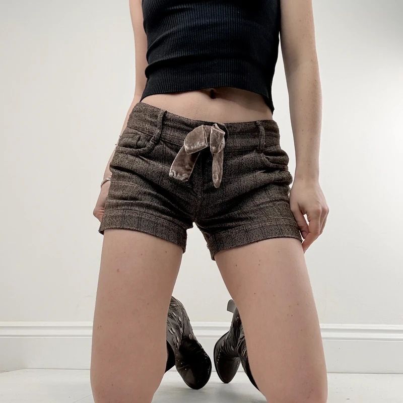 brown tweed velvet bow mini skirts