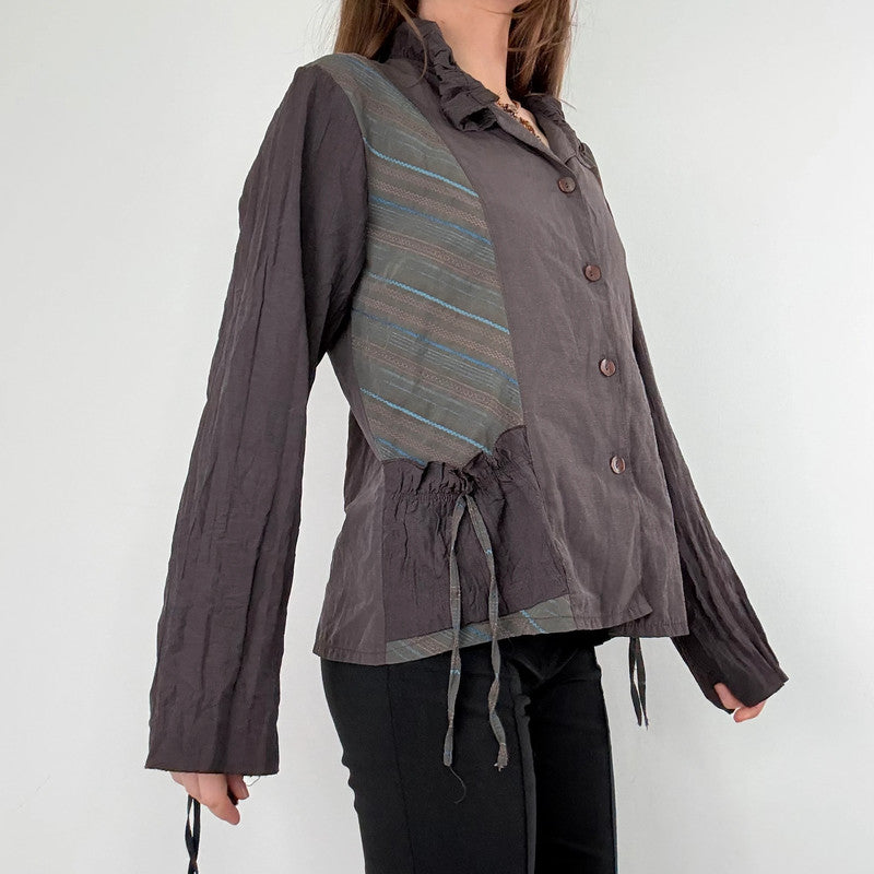 brown pinstripe gathered cinched shirt