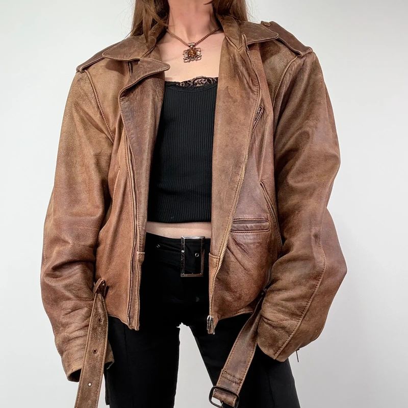 Oversized Brown leather Slouchy Biker Jacket
