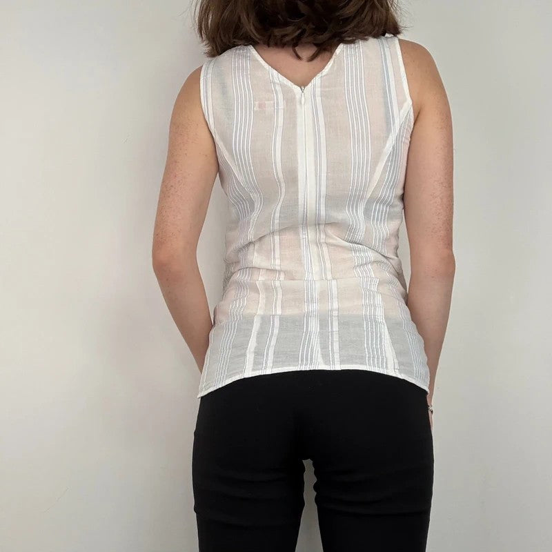 white cotton textured pinstripe popper vest top