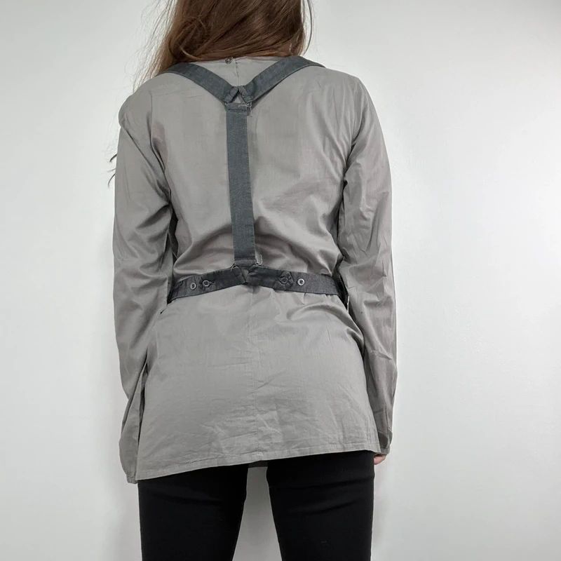 utility khaki pleated blouse with harness braces