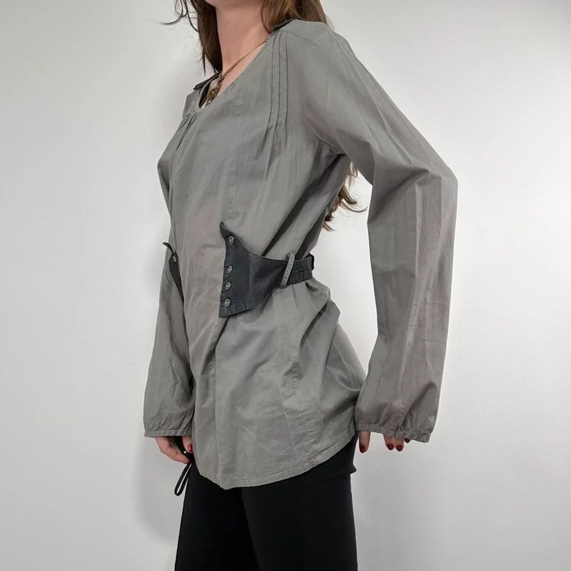 utility khaki pleated blouse with harness braces