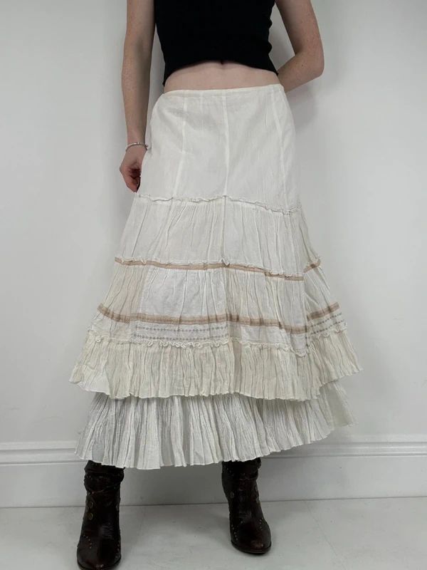 white pleated flared boho fairy maxi skirt