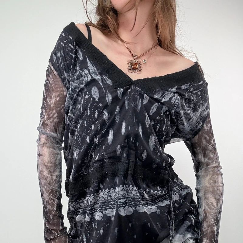 Slouchy wide neck Mohair printed Top